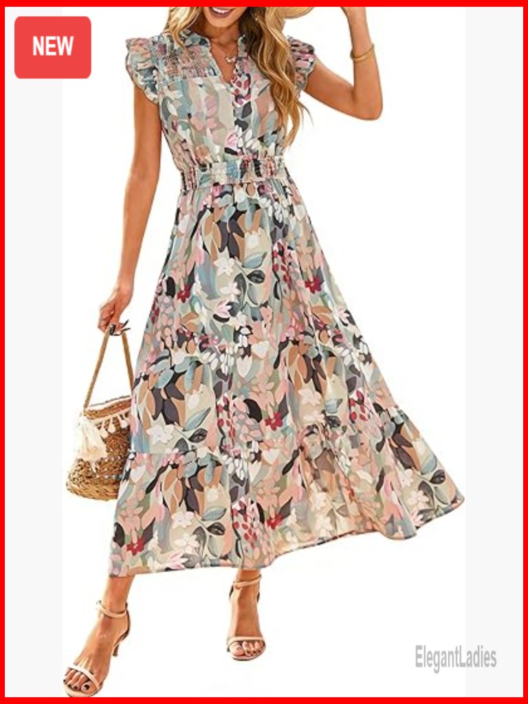 Women's Flutter Sleeve V-Neck Flowy Midi Dress Boho Casual Maxi